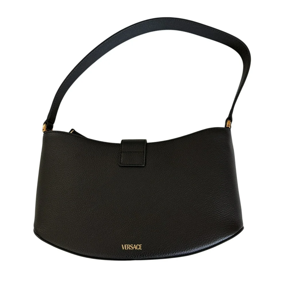 Versace Virtus‎ Small Hobo Bag Black Grained Leather Gold Barocco V